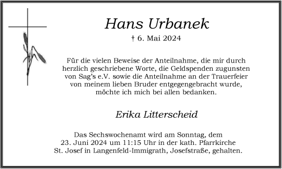 Traueranzeige von Hans Urbanek von Tageszeitung