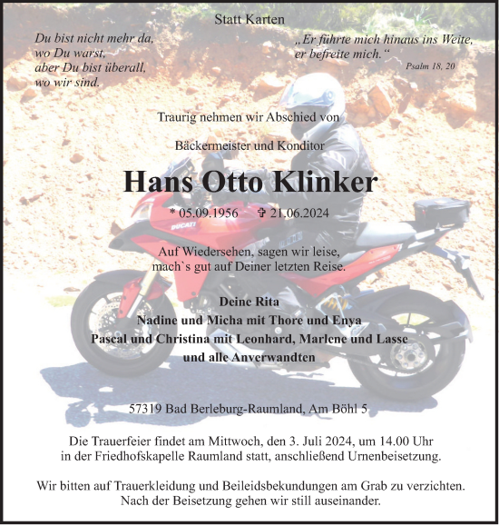 Traueranzeige von Hans Otto Klinker von Tageszeitung