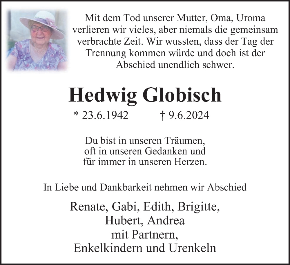  Traueranzeige für Hedwig Globisch vom 15.06.2024 aus Tageszeitung