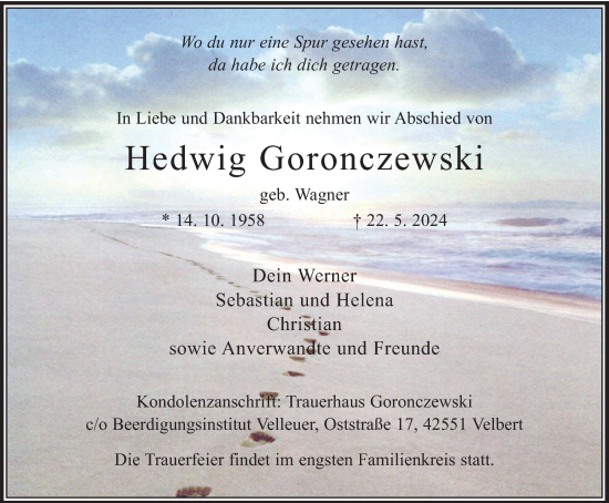 Traueranzeige von Hedwig Goronczewski von Tageszeitung