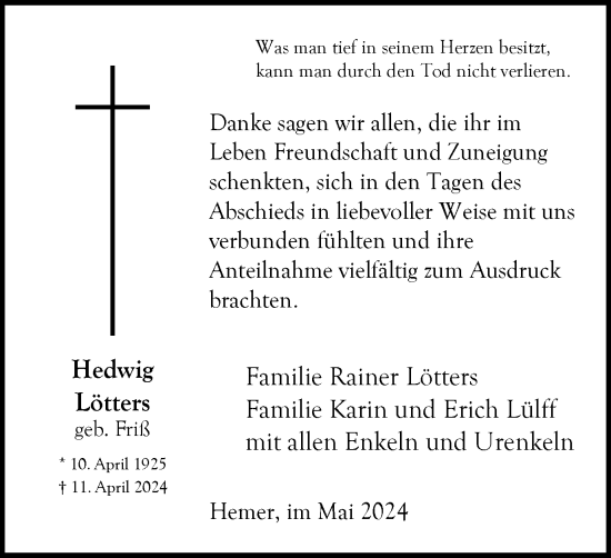 Traueranzeige von Hedwig Lötters von Tageszeitung