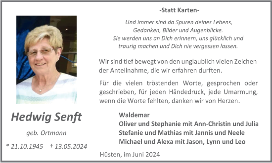 Traueranzeige von Hedwig Senft von Tageszeitung