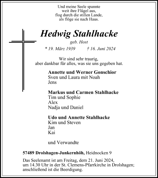 Traueranzeige von Hedwig Stahlhacke von Tageszeitung