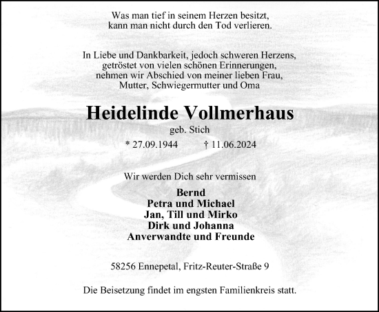 Traueranzeige von Heidelinde Vollmerhaus von Tageszeitung