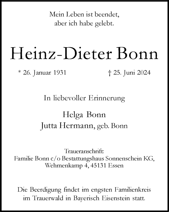 Traueranzeige von Heinz-Dieter Bonn von Tageszeitung