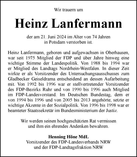 Traueranzeige von Heinz Lanfermann von Tageszeitung
