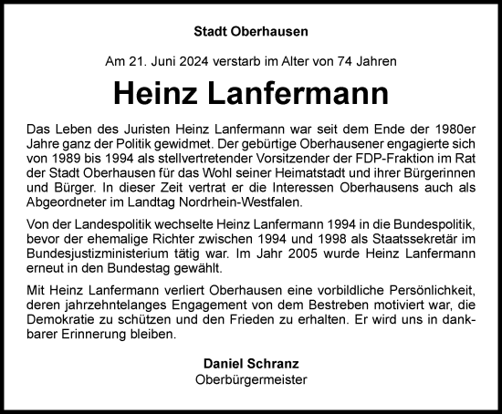 Traueranzeige von Heinz Lanfermann von Tageszeitung