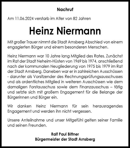 Traueranzeige von Heinz Niermann von Tageszeitung