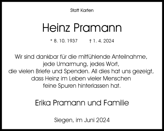 Traueranzeige von Heinz Pramann von Tageszeitung