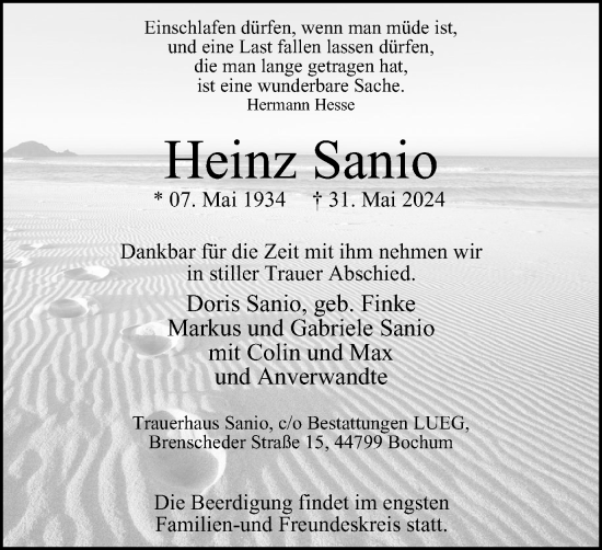 Traueranzeige von Heinz Sanio von Tageszeitung