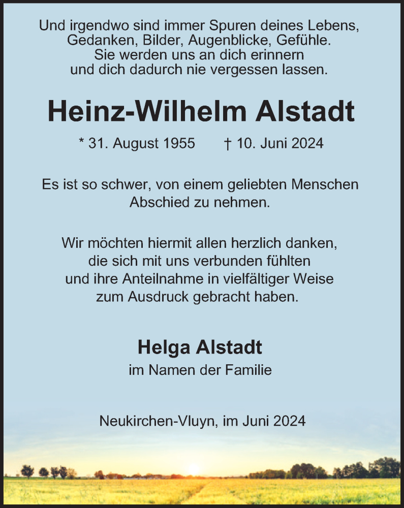  Traueranzeige für Heinz-Wilhelm Alstadt vom 29.06.2024 aus Tageszeitung