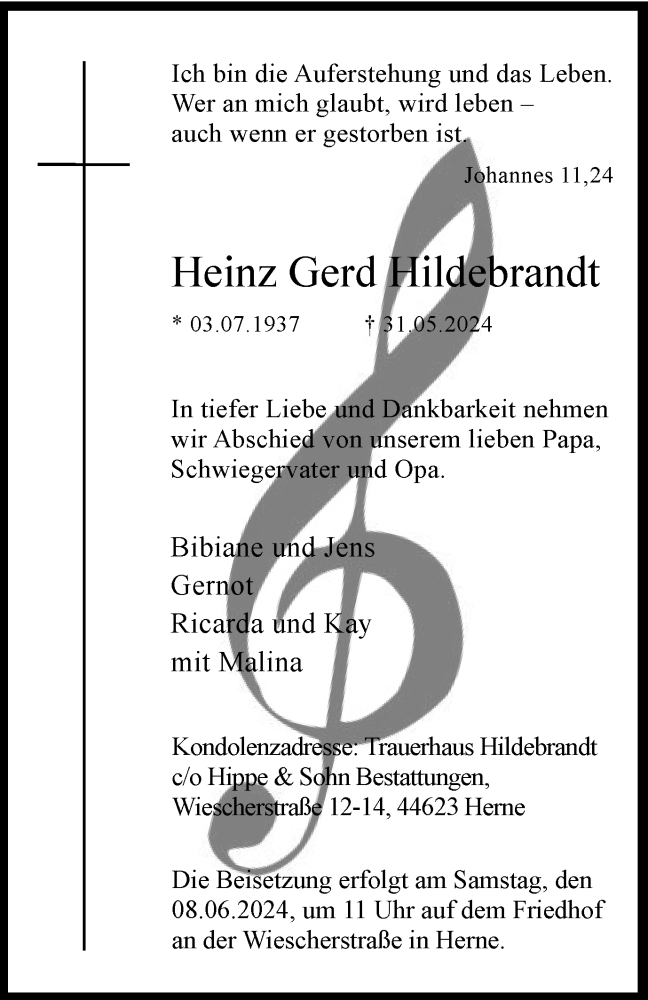  Traueranzeige für Heinz Gerd Hildebrandt vom 06.06.2024 aus Tageszeitung