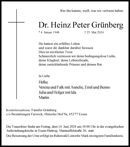 Traueranzeige von Heinz Peter Grünberg von Tageszeitung