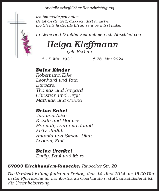 Traueranzeige von Helga Kleffmann von Tageszeitung