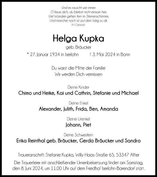 Traueranzeige von Helga Kupka von Tageszeitung