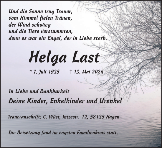 Traueranzeige von Helga Last von Tageszeitung