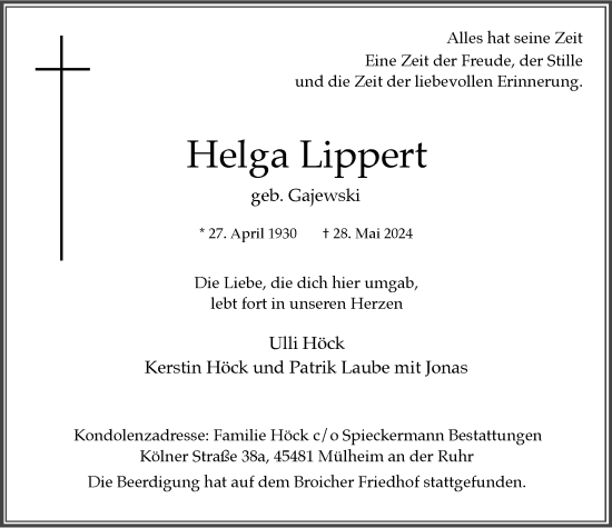 Traueranzeige von Helga Lippert von Tageszeitung