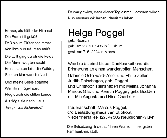 Traueranzeige von Helga Poggel von Tageszeitung