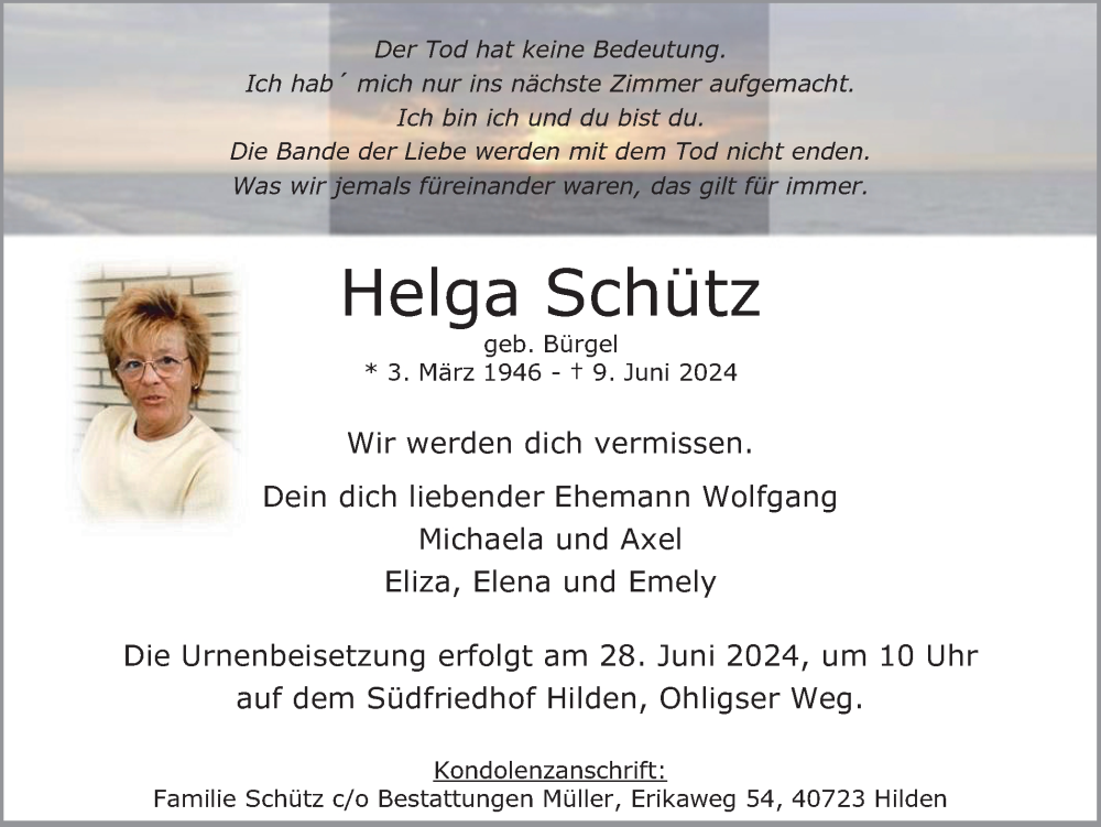  Traueranzeige für Helga Schütz vom 22.06.2024 aus Tageszeitung