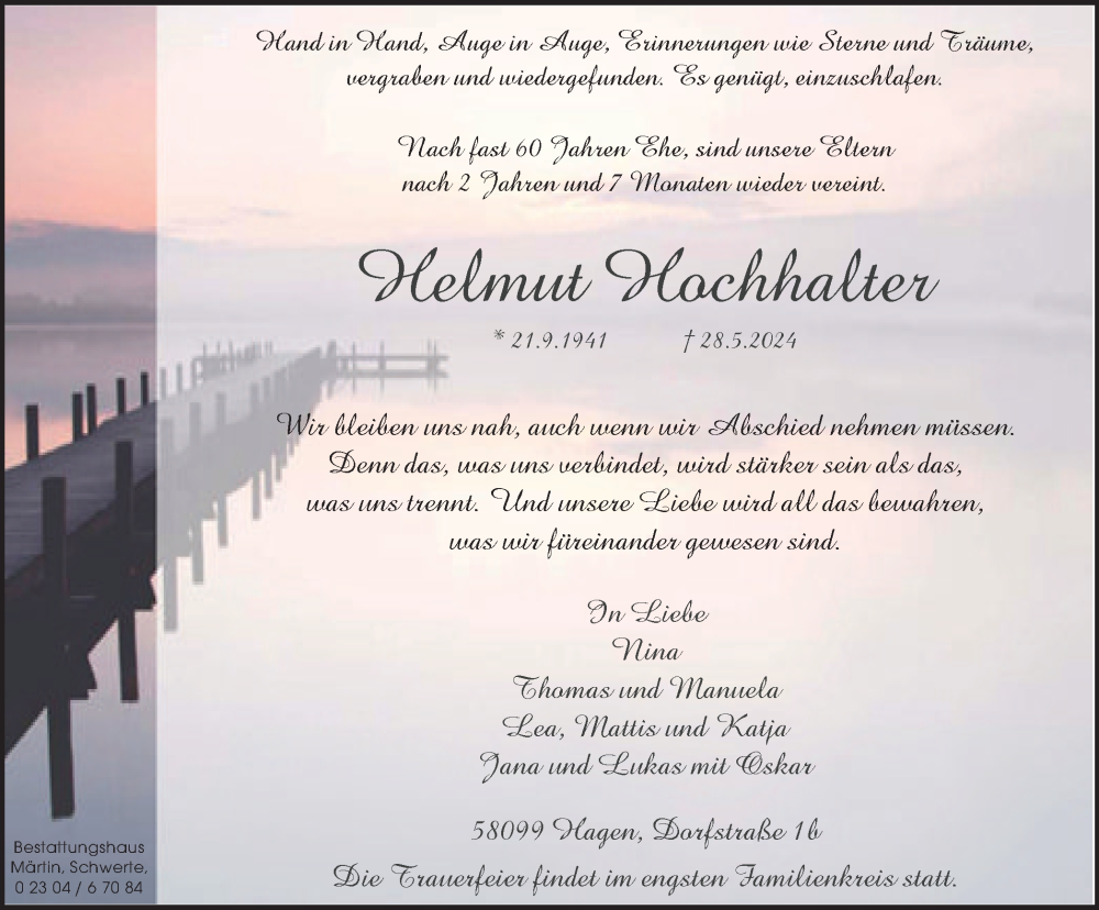  Traueranzeige für Helmut Hochhalter vom 08.06.2024 aus Tageszeitung