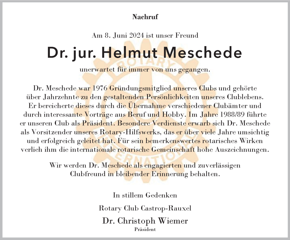  Traueranzeige für Helmut Meschede vom 12.06.2024 aus Tageszeitung