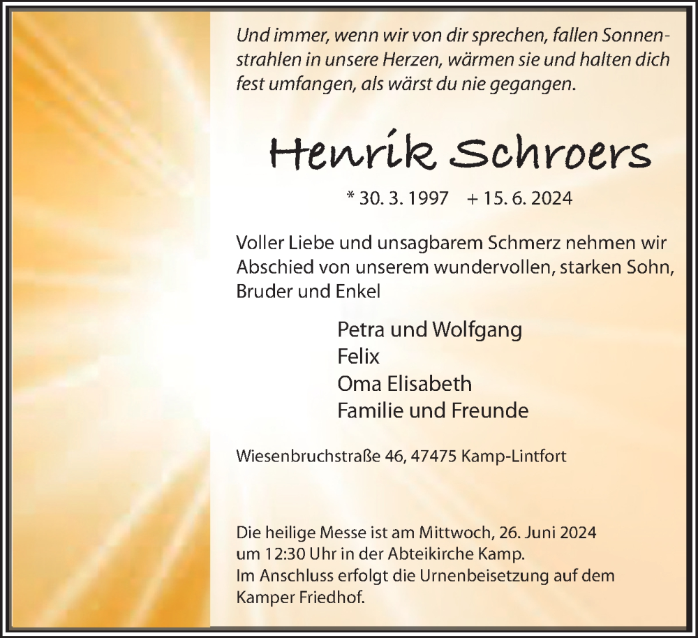  Traueranzeige für Henrik Schroers vom 22.06.2024 aus Tageszeitung