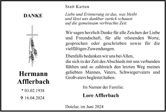 Traueranzeige von Hermann Afflerbach von Tageszeitung