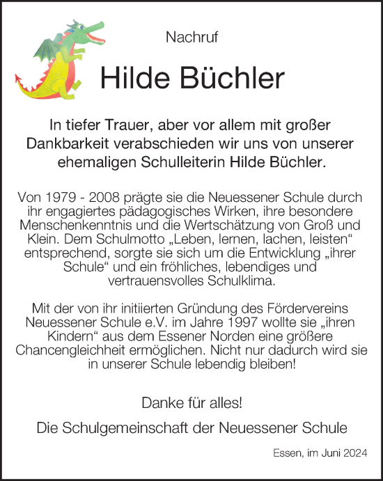Traueranzeige von Hilde Büchler von Tageszeitung