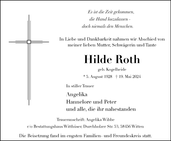 Traueranzeige von Hilde Roth von Tageszeitung