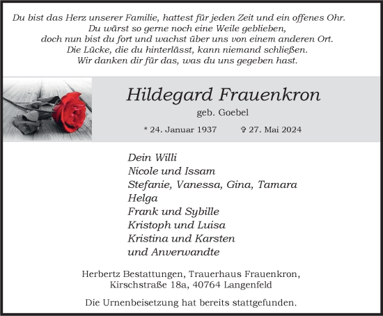 Traueranzeige von Hildegard Frauenkron von Tageszeitung
