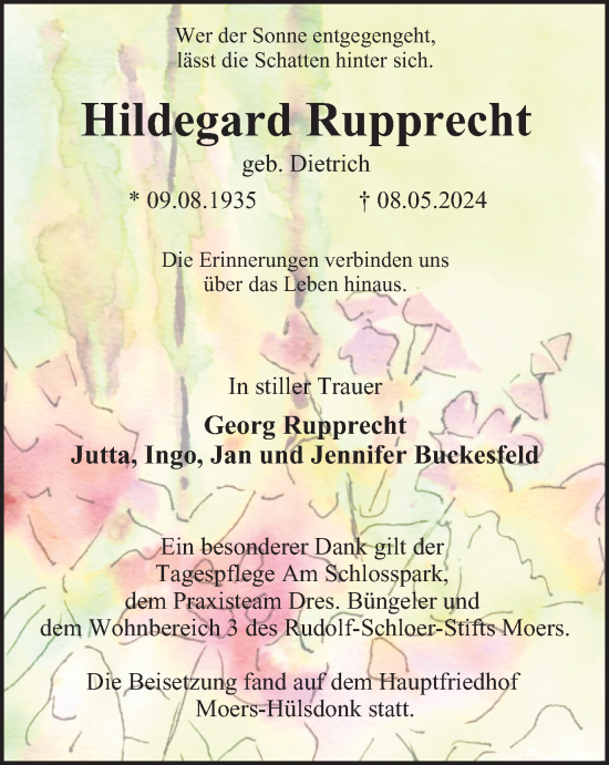 Traueranzeige von Hildegard Rupprecht von Tageszeitung