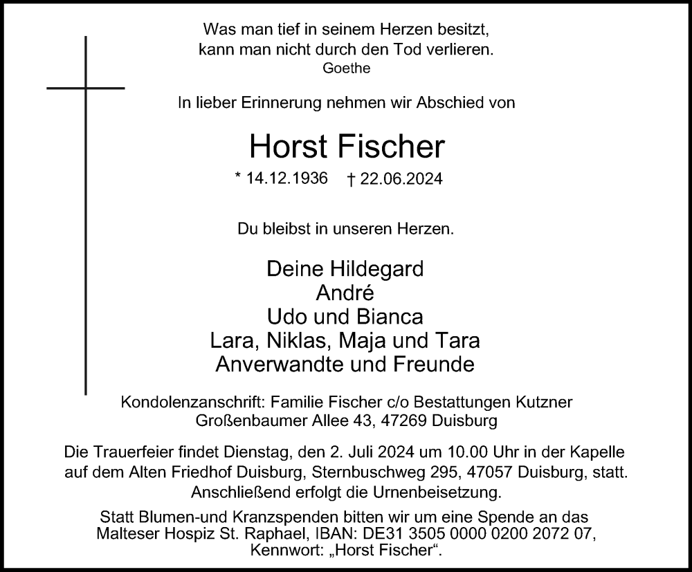  Traueranzeige für Horst Fischer vom 27.06.2024 aus Tageszeitung