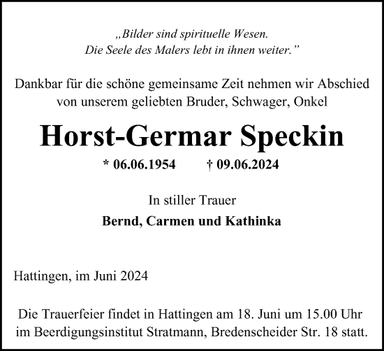 Traueranzeige von Horst-Germar Speckin von Tageszeitung