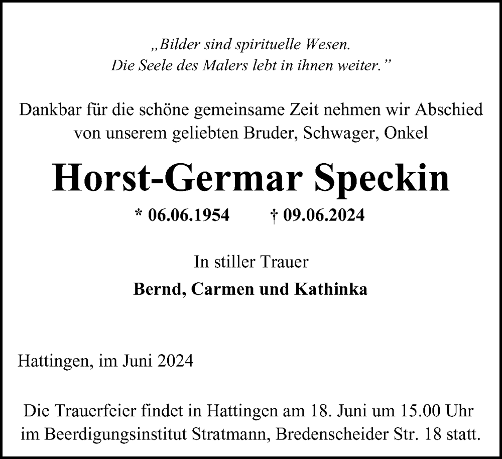  Traueranzeige für Horst-Germar Speckin vom 15.06.2024 aus Tageszeitung