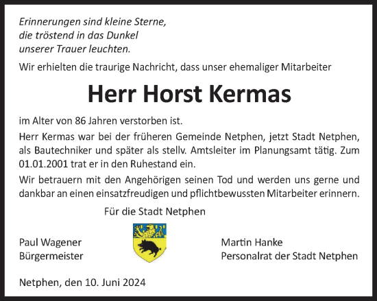 Traueranzeige von Horst Kermas von Tageszeitung