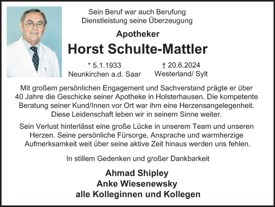 Traueranzeige von Horst Schulte-Mattler von Tageszeitung