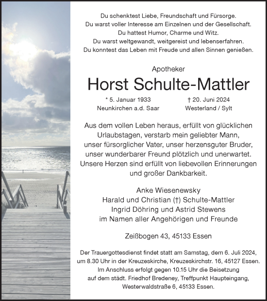 Traueranzeige von Horst Schulte-Mattler von Tageszeitung