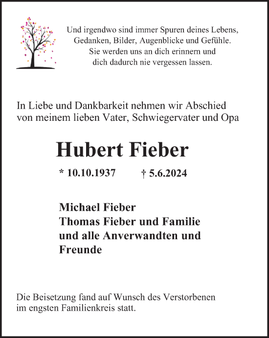 Traueranzeige von Hubert Fieber von Tageszeitung