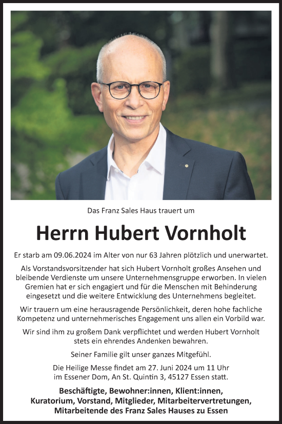 Traueranzeige von Hubert Vornholt von Tageszeitung