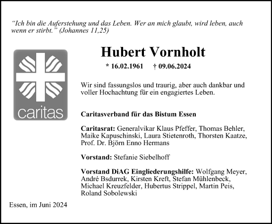 Traueranzeige von Hubert Vornholt von Tageszeitung