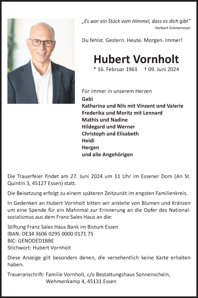  Traueranzeige für Hubert Vornholt vom 22.06.2024 aus Tageszeitung