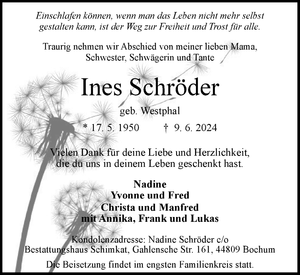  Traueranzeige für Ines Schröder vom 22.06.2024 aus Tageszeitung