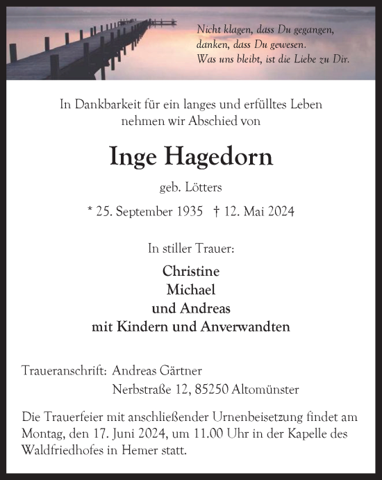 Traueranzeige von Inge Hagedorn von Tageszeitung