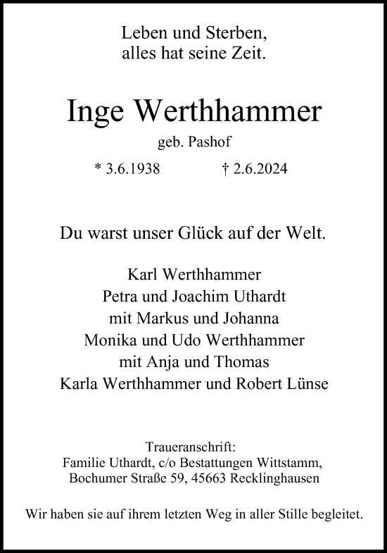 Traueranzeige von Inge Werthhammer von Tageszeitung