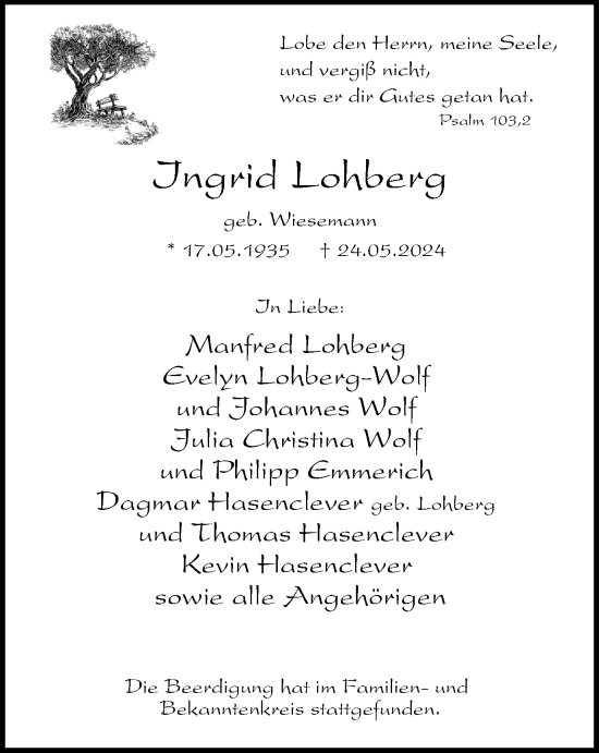 Traueranzeige von Ingrid Lohberg von Tageszeitung