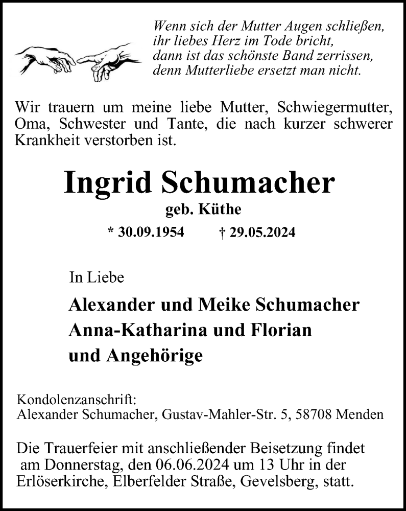  Traueranzeige für Ingrid Schumacher vom 01.06.2024 aus Tageszeitung