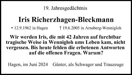 Traueranzeige von Iris Richerzhagen-Bleckmann von Tageszeitung