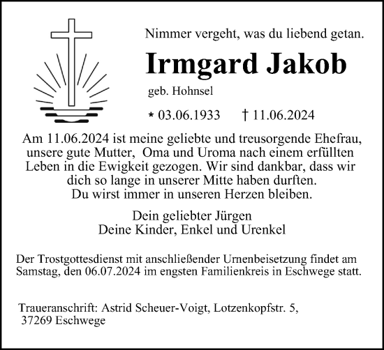 Traueranzeige von Irmgard Jakob von Tageszeitung