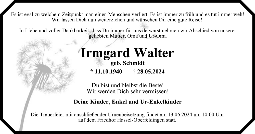  Traueranzeige für Irmgard Walter vom 08.06.2024 aus Tageszeitung
