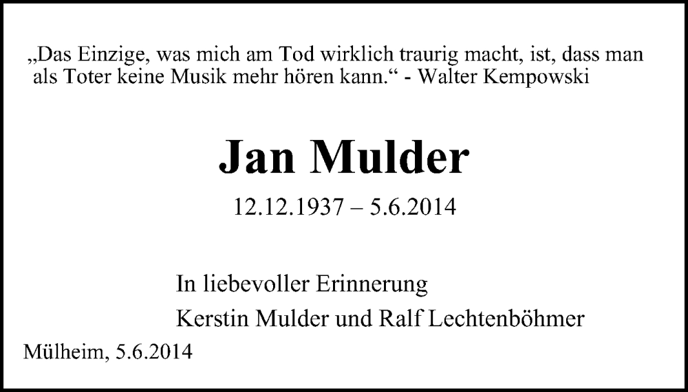  Traueranzeige für Jan Mulder vom 05.06.2024 aus Tageszeitung
